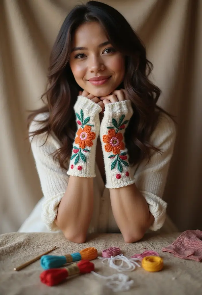 29 Crochet Fingerless Gloves Free Patterns: Cozy and Stylish - 27. Personalize with Embroidery