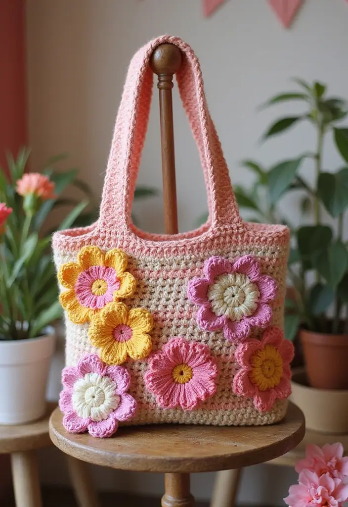 30 Bolsos Crochet Patrones Paso a Paso que Puedes Tejer Fácilmente - 15. Bolso de Mano con Flores