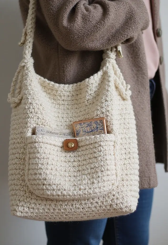 30 Bolsos Crochet Patrones Paso a Paso que Puedes Tejer Fácilmente - 21. Bolso de Crochet con Bolsillo Exterior