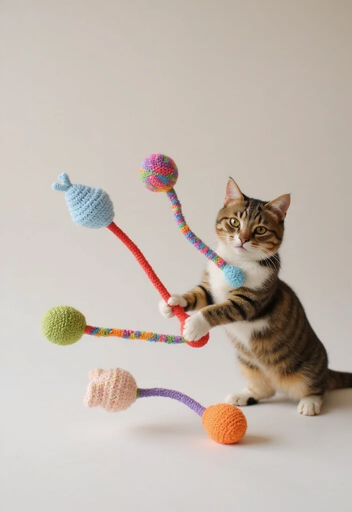 Essential Guide to Cat Crochet Patterns: 25 Cute Visual Inspirations - 24. Playful Cat Wand Toys