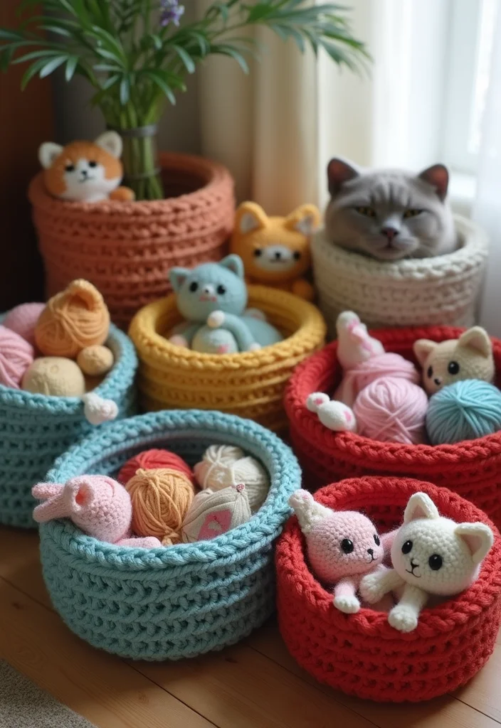 Essential Guide to Cat Crochet Patterns: 25 Cute Visual Inspirations - 4. Adorable Cat Baskets