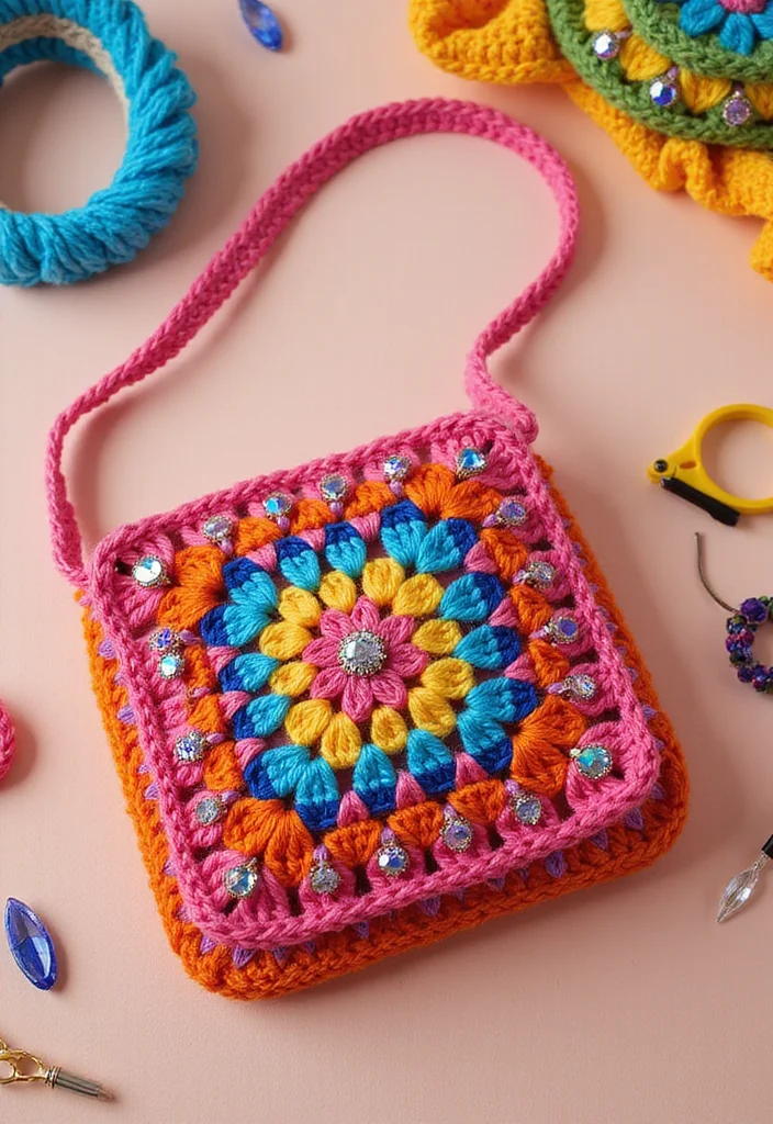 Friendly Guide to Crochet Granny Square Bag with 21 Creative Craft Inspirations - 17. Colorful Granny Square Bag with Embellishments