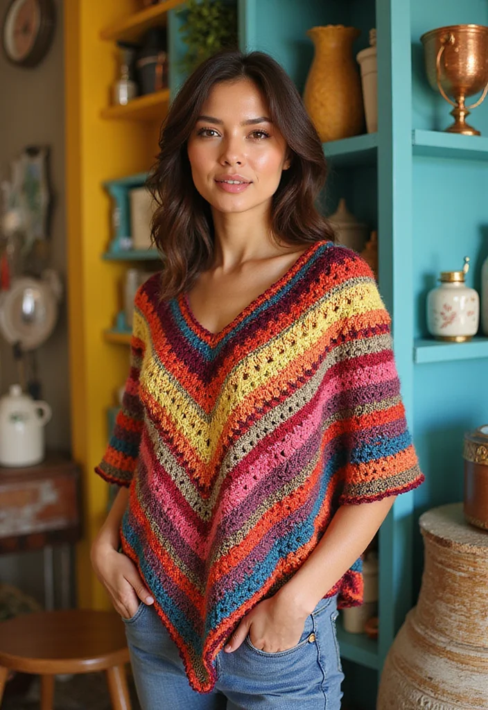 Friendly Guide to Crochet Poncho: Free Patterns Featuring 24 Stylish Visual Inspirations - 23. The Patterned Poncho