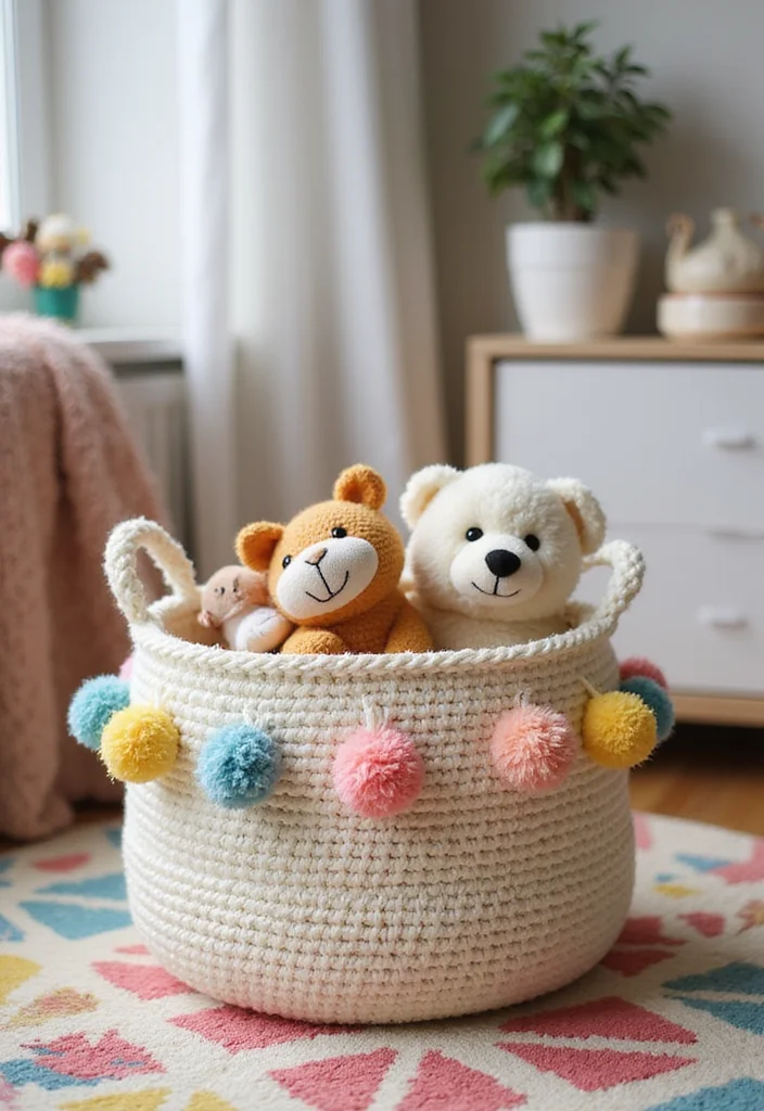 Helpful Guide to Crochet Basket Pattern Free Featuring 23 Practical Craft Inspirations - 21. Crochet Basket with Pom Poms