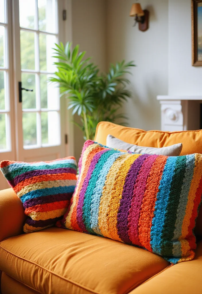 Helpful Guide to Crochet Pillow Patterns Free Featuring 24 Cozy Visual Inspirations - 5. Colorful Stripe Pillows