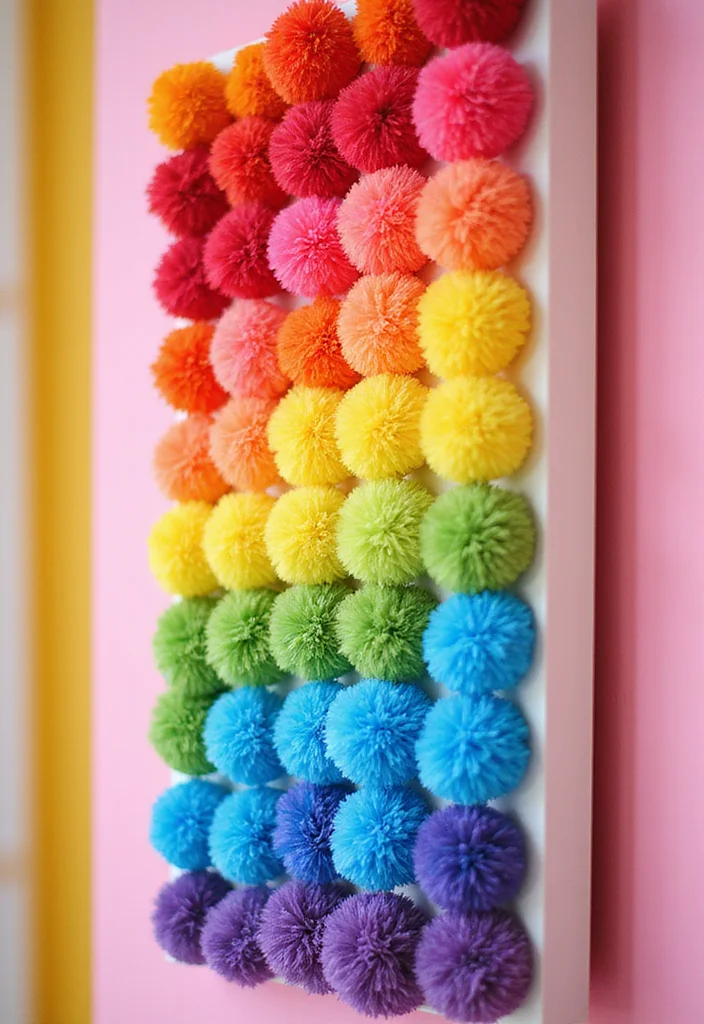 Step-by-Step Guide to Scrap Yarn Crochet Projects: 21 Fun Visual Inspirations - 2. Rainbow Pom-Pom Wall Art